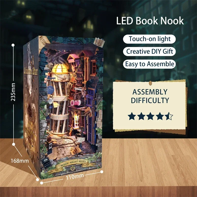 Retro diy magia noite alley li - Diy Wooden Book Nook Kit Shelf Insert avaliação e preço